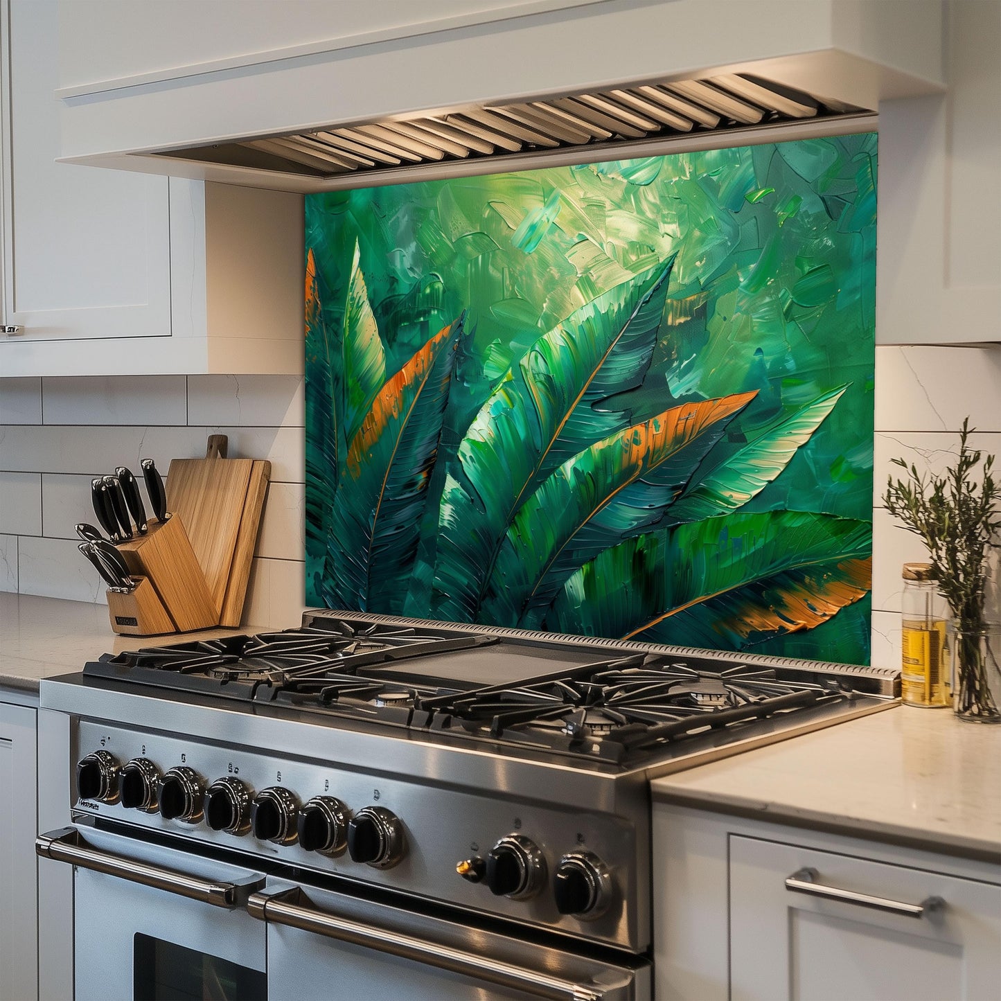 Tropical Jungle Leaf Kitchen Backsplash, UV Printed Tempered Glass Art, Custom Size Design