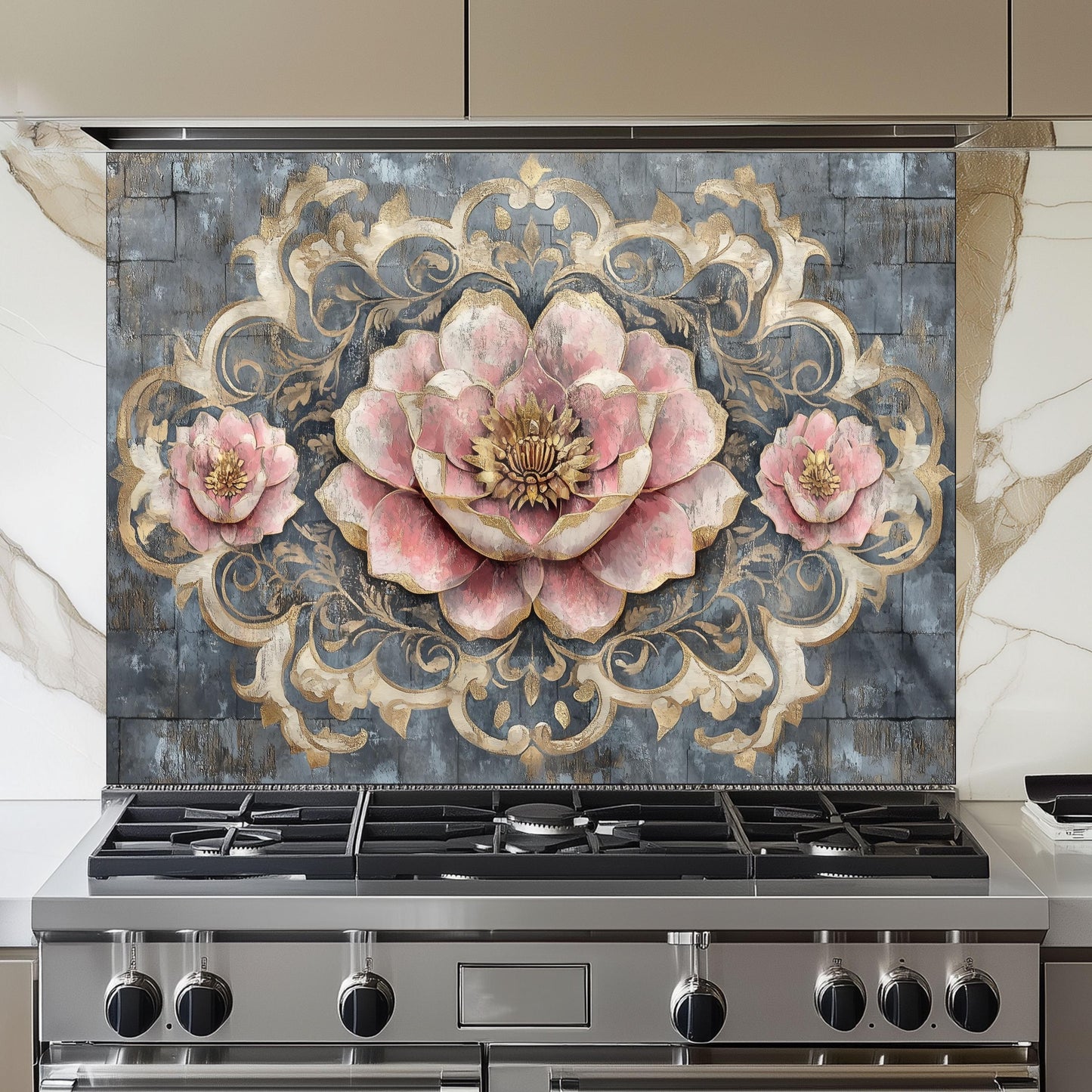 Moroccan Floral Glass Backsplash, Artistic Geometric Stove Guard, Heat Resistant Easy Clean Kitchen Art