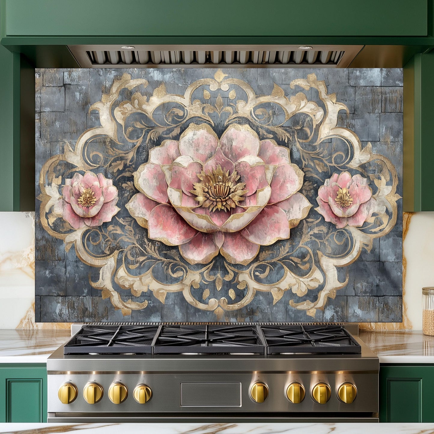 Moroccan Floral Glass Backsplash, Artistic Geometric Stove Guard, Heat Resistant Easy Clean Kitchen Art