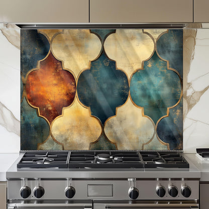 Moroccan Style Glass Backsplash, Blue Geometric Stove Guard, Heat Resistant Easy Clean Kitchen Art