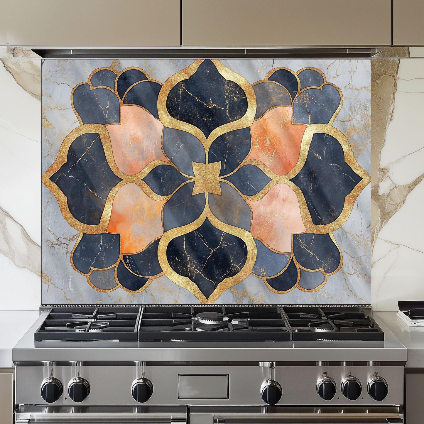 Moroccan Style Glass Backsplash, Blue Geometric Stove Guard, Heat Resistant Easy Clean Kitchen Art