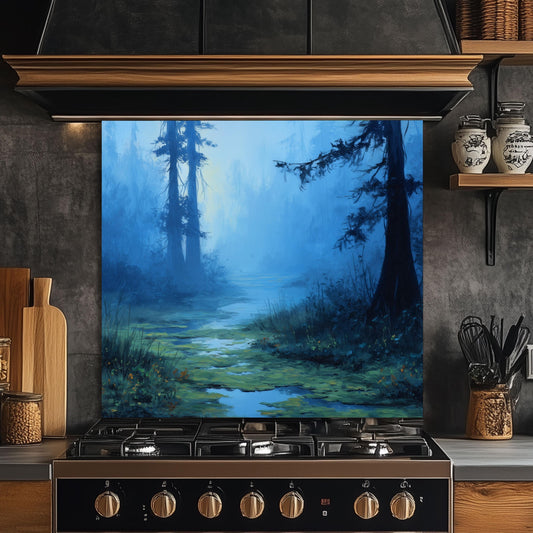 Blue Mist Swamp Glass Backsplash, Tranquil Wetland Stove Guard, Heat Resistant Kitchen Wall Art