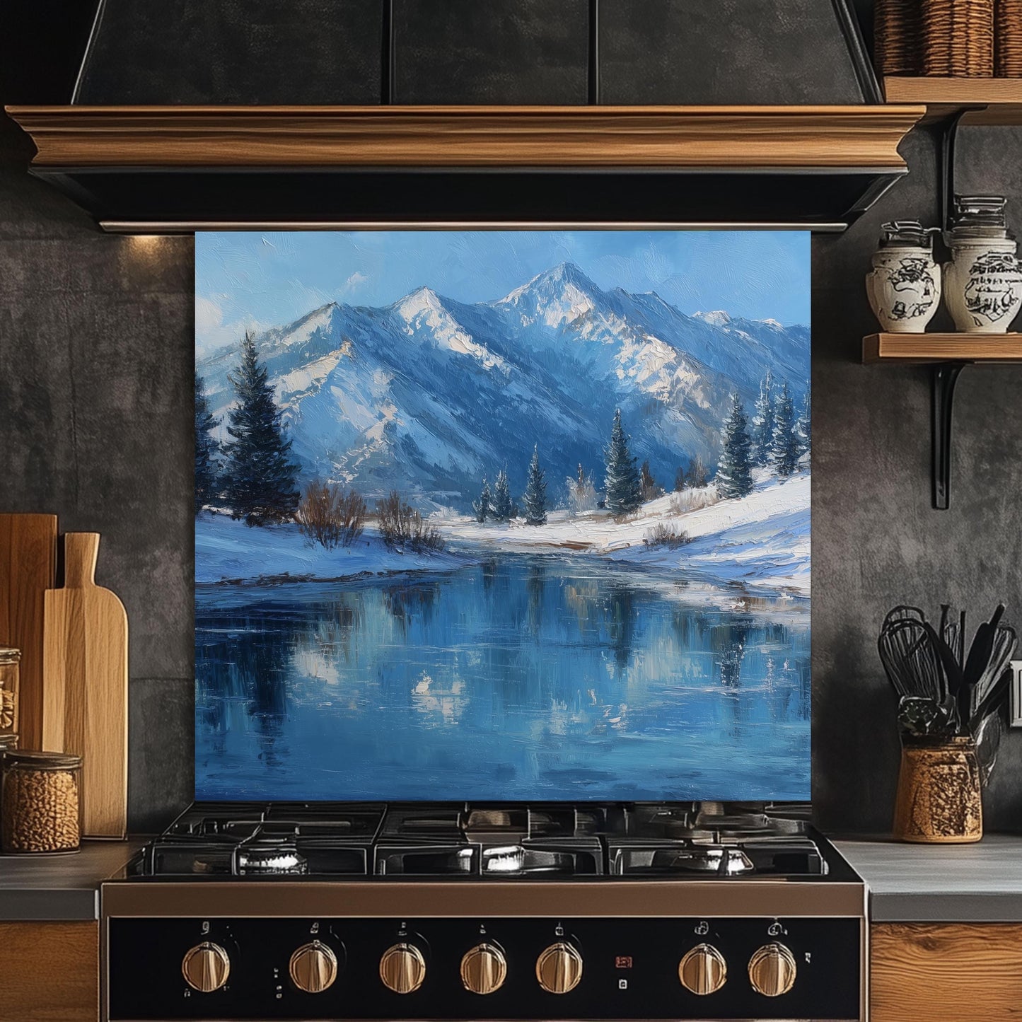 Winter Mountain Lake Glass Backsplash, Scenic Nature Stove Guard, Heat Resistant Easy Clean Art