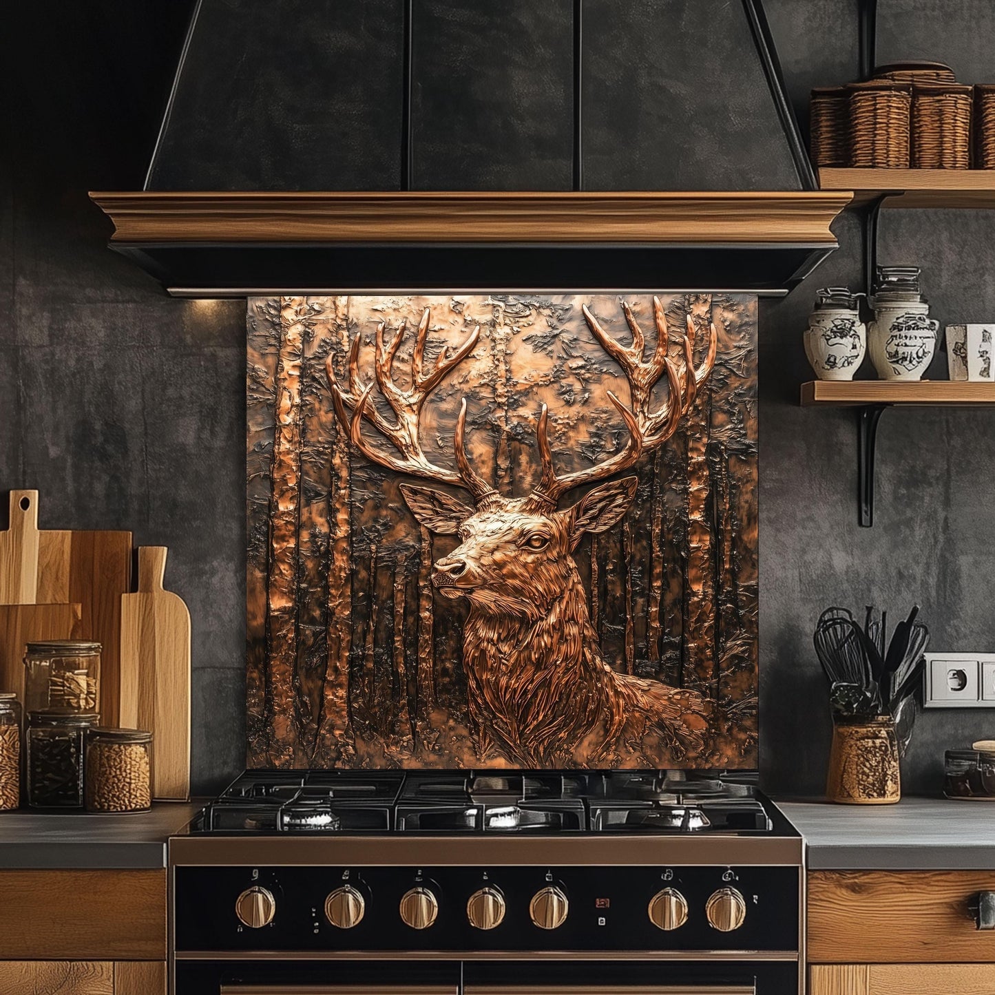 Tempered glass backsplash, copper deer design, heat-resistant kitchen wall protector, easy clean kitchen backsplash, rustic woodland kitchen decor, vintage copper wall protector, stove backsplash protector