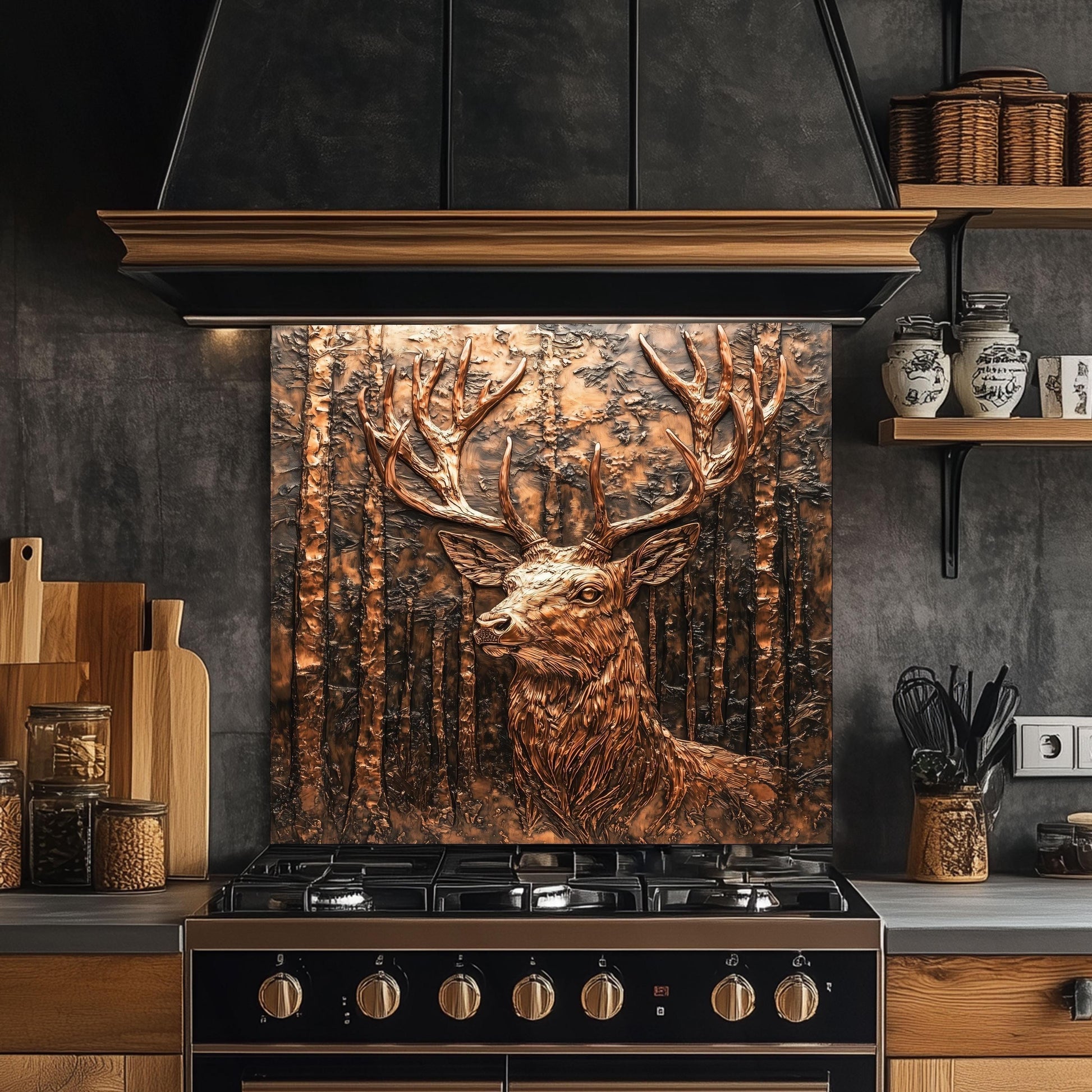 Tempered glass backsplash, copper deer design, heat-resistant kitchen wall protector, easy clean kitchen backsplash, rustic woodland kitchen decor, vintage copper wall protector, stove backsplash protector