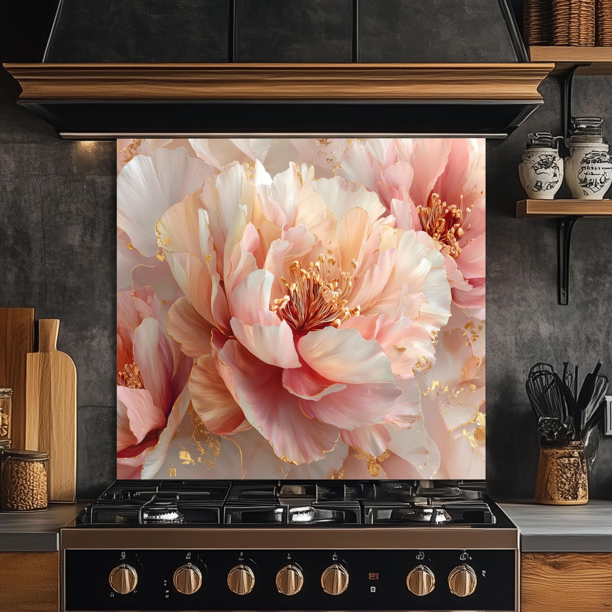 Blush Peony Glass Backsplash, Floral Pink Stove Guard, Heat Resistant Easy Clean Kitchen Art