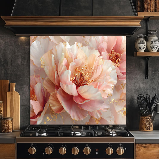 Blush Peony Glass Backsplash, Floral Pink Stove Guard, Heat Resistant Easy Clean Kitchen Art