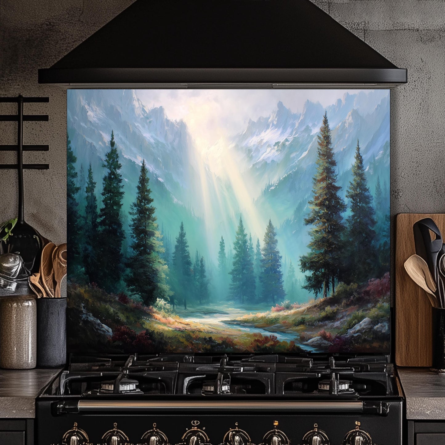 Mountain Sunrise Tempered Glass Backsplash: Rustic Kitchen Wall Art
