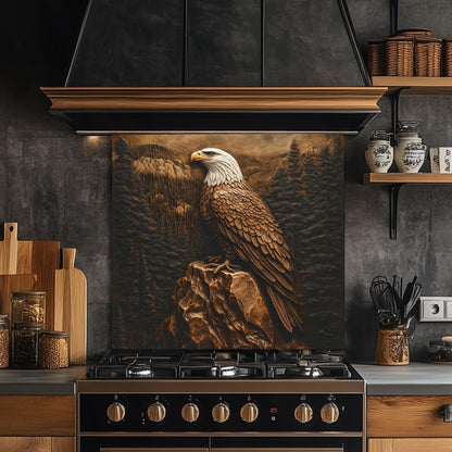 Bald Eagle kitchen backsplash, copper effect tempered glass, heat-resistant kitchen wall protector, wildlife-inspired kitchen decor, easy clean backsplash, stove wall protector, American eagle design