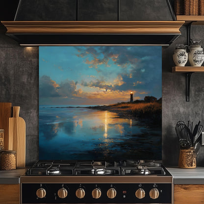 Coastal Lighthouse Glass Backsplash, Ocean Wave Stove Guard, Heat Resistant Easy Clean Kitchen Art