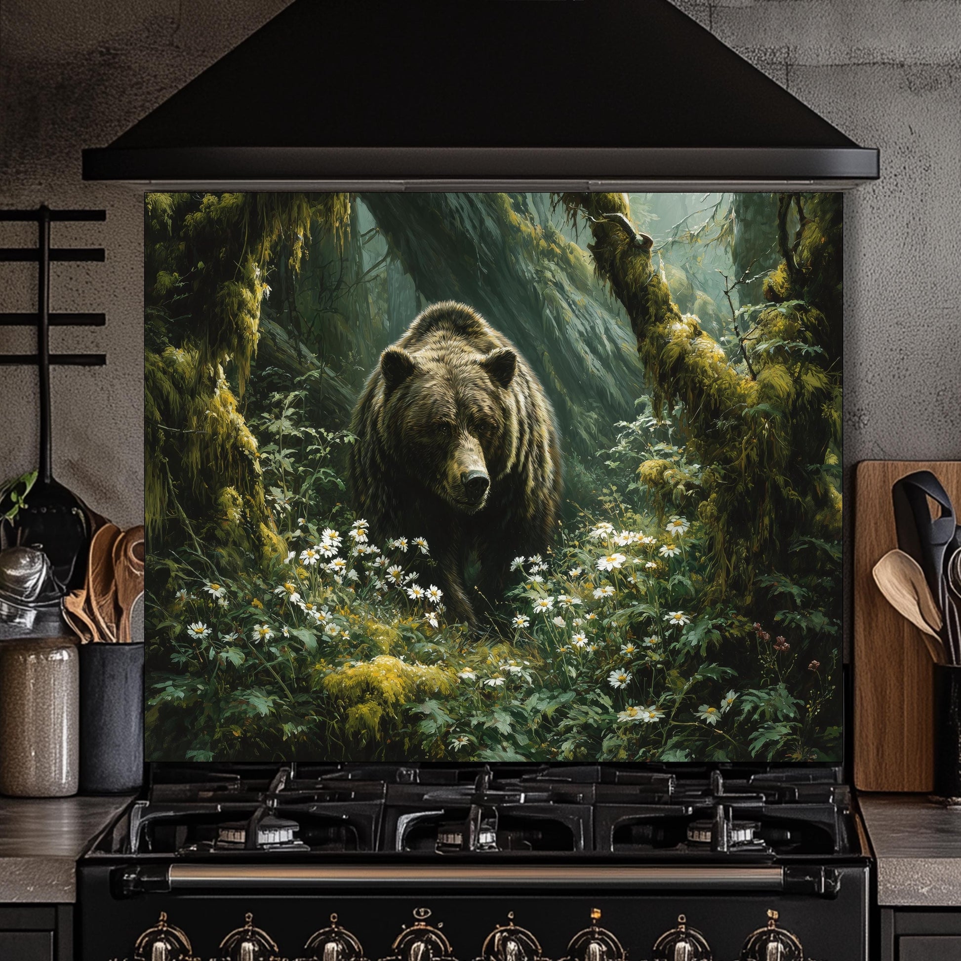 Copper Bear Backsplash: Hand-Embossed Tempered Glass, Rustic Cabin Kitchen