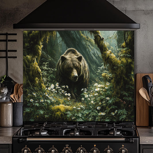 Copper Bear Backsplash: Hand-Embossed Tempered Glass, Rustic Cabin Kitchen