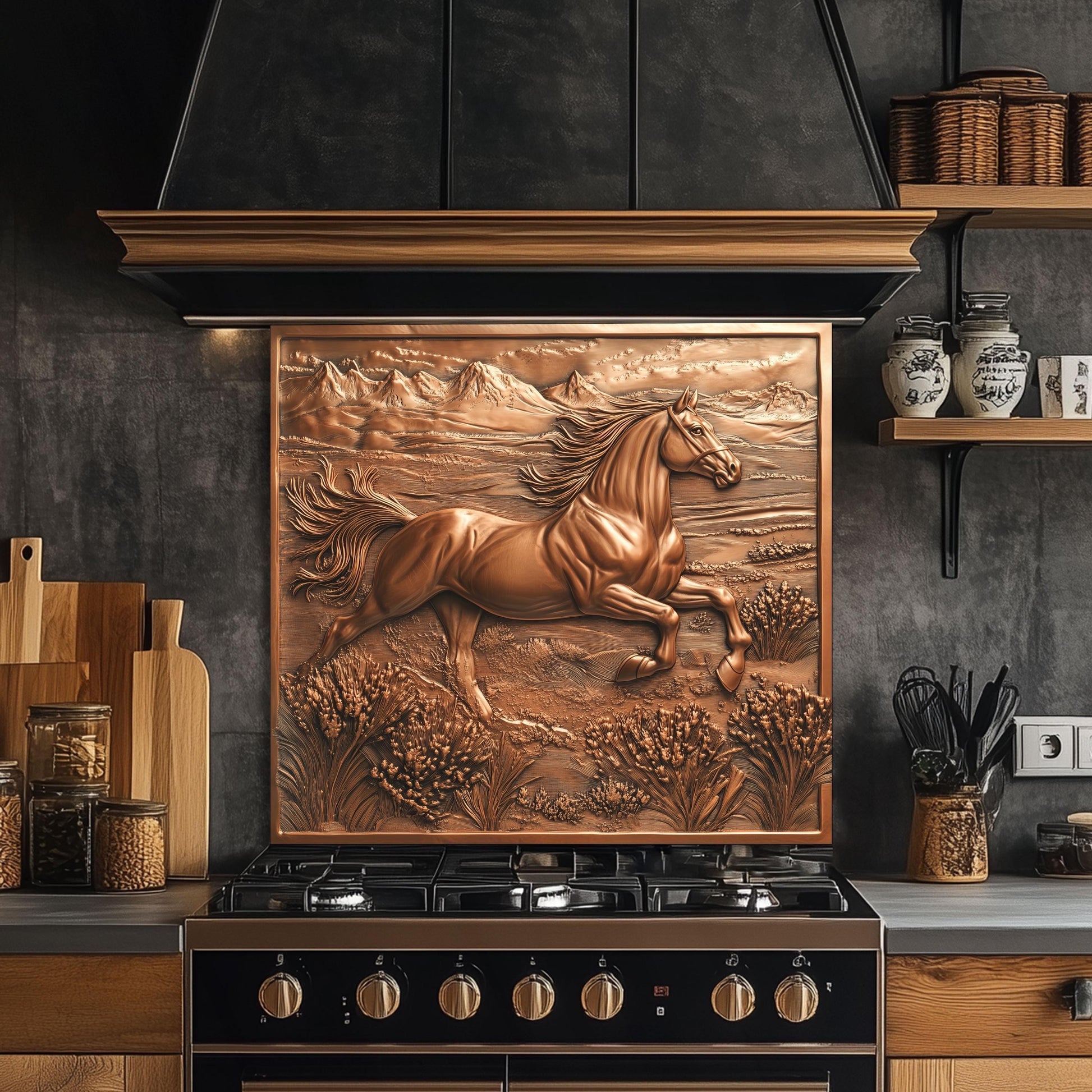 Horse kitchen backsplash, rustic copper effect wall protector, heat-resistant tempered glass backsplash, Western kitchen decor, horse wall art for kitchen, easy clean backsplash panel, stove protector for horse lovers
