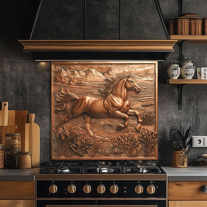Horse kitchen backsplash, rustic copper effect wall protector, heat-resistant tempered glass backsplash, Western kitchen decor, horse wall art for kitchen, easy clean backsplash panel, stove protector for horse lovers