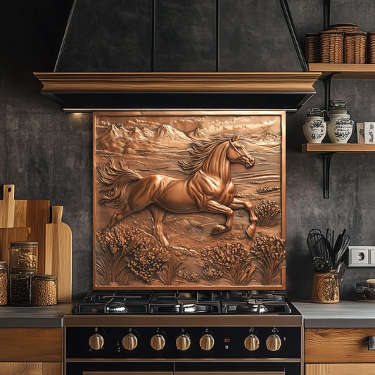 Horse kitchen backsplash, rustic copper effect wall protector, heat-resistant tempered glass backsplash, Western kitchen decor, horse wall art for kitchen, easy clean backsplash panel, stove protector for horse lovers