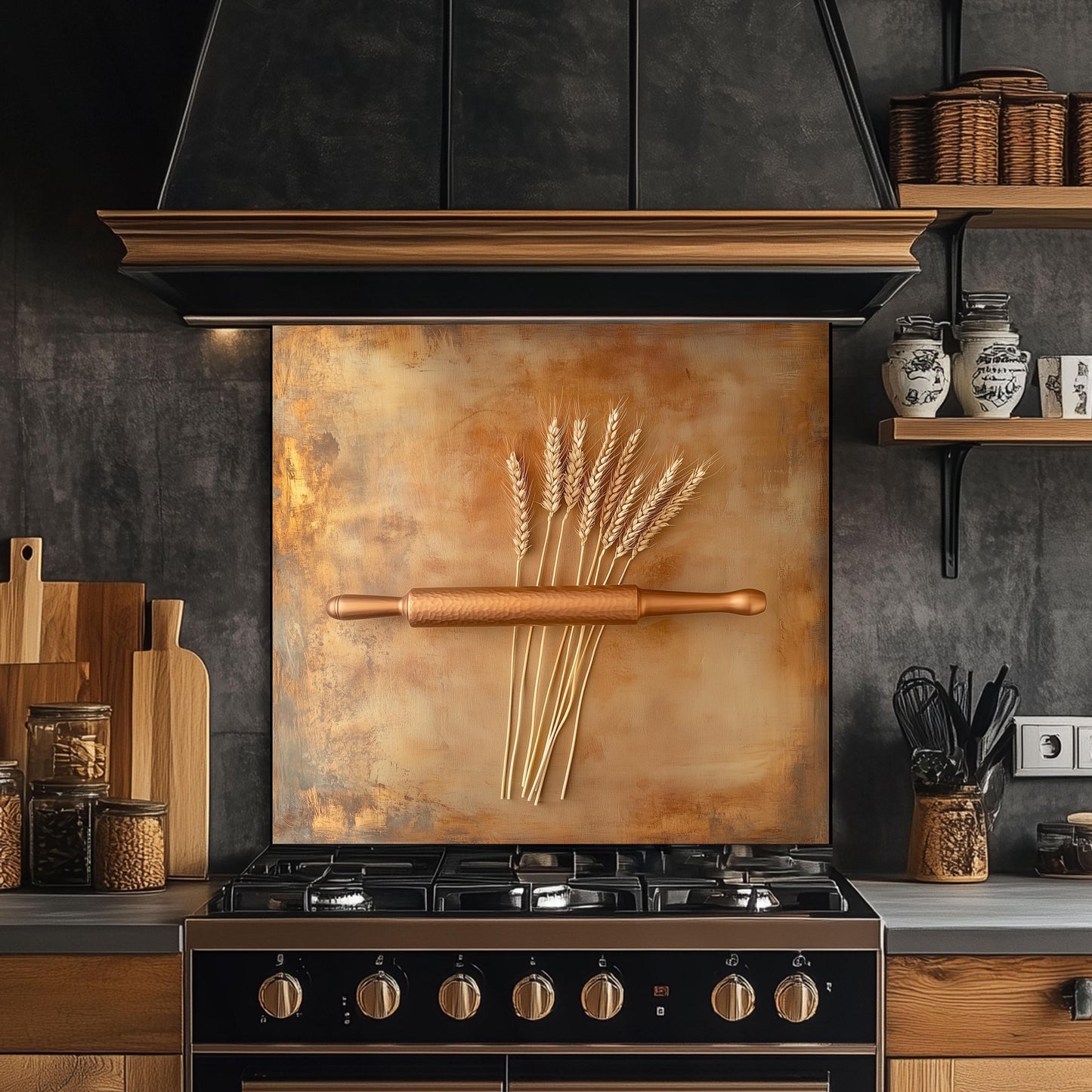 Rustic kitchen backsplash featuring wheat stalks and rolling pin design, crafted from heat-resistant tempered glass. This farmhouse-inspired wall protector adds warmth and charm to any kitchen