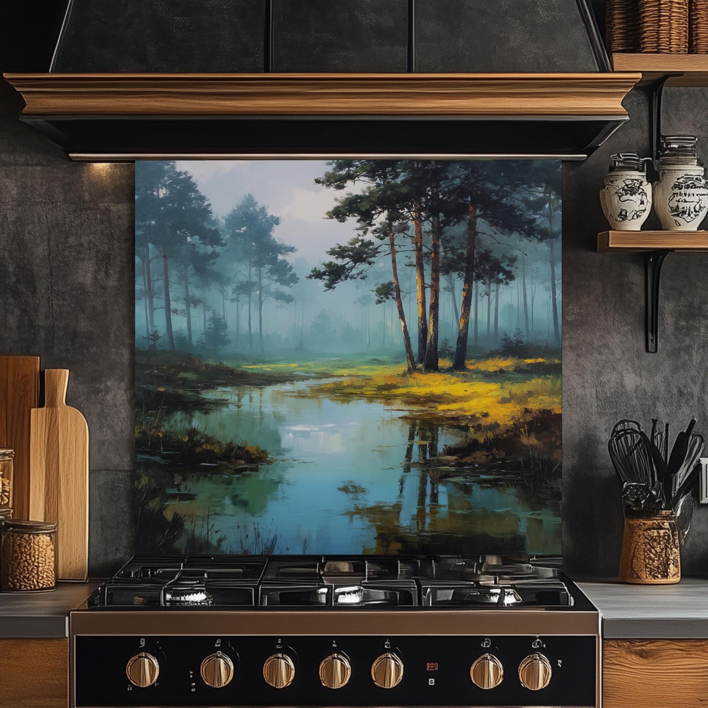 Forest Lake Tempered Glass Backsplash - Misty Woodland Kitchen Splashback