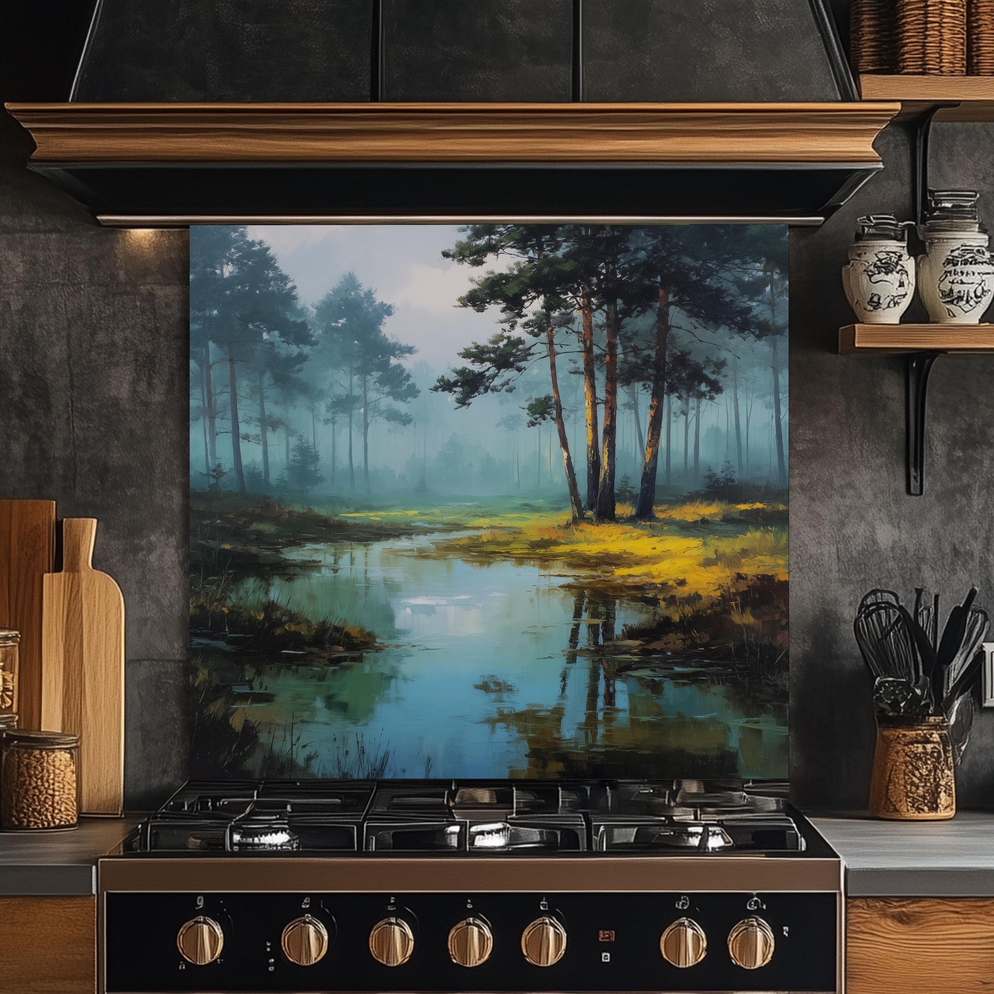 Forest Lake Tempered Glass Backsplash - Misty Woodland Kitchen Splashback