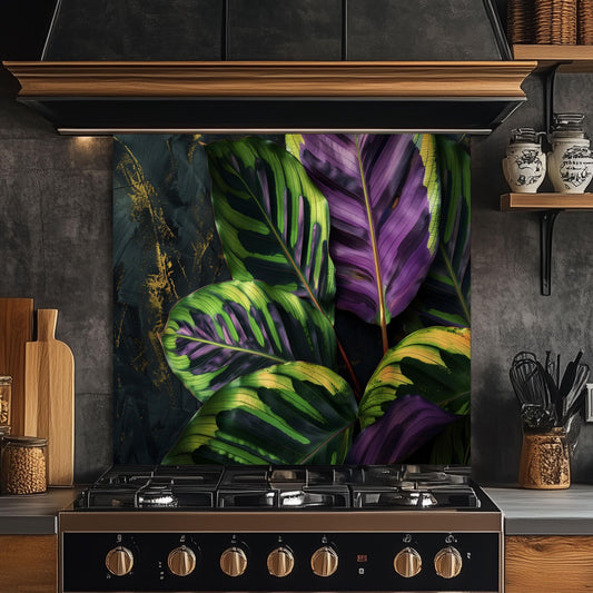 Tropical Calathea Leaf Glass Backsplash, Exotic Botanical Stove Guard, Heat Resistant Kitchen Art