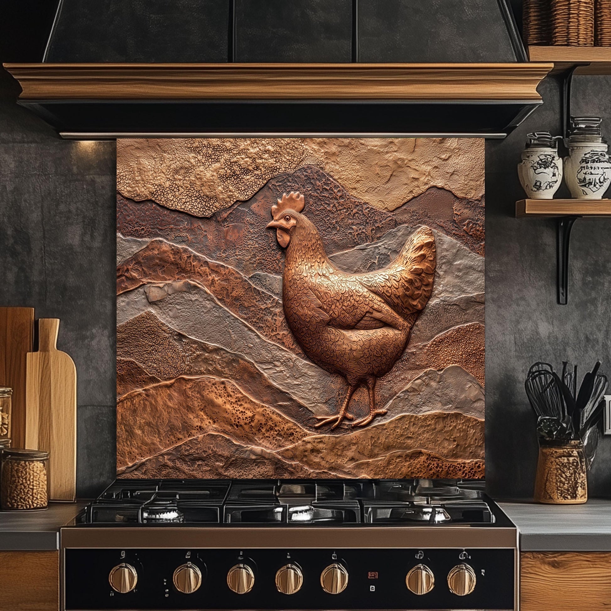 Rustic Chicken Backsplash: Embossed Hen, Tempered Glass Farmhouse Decor