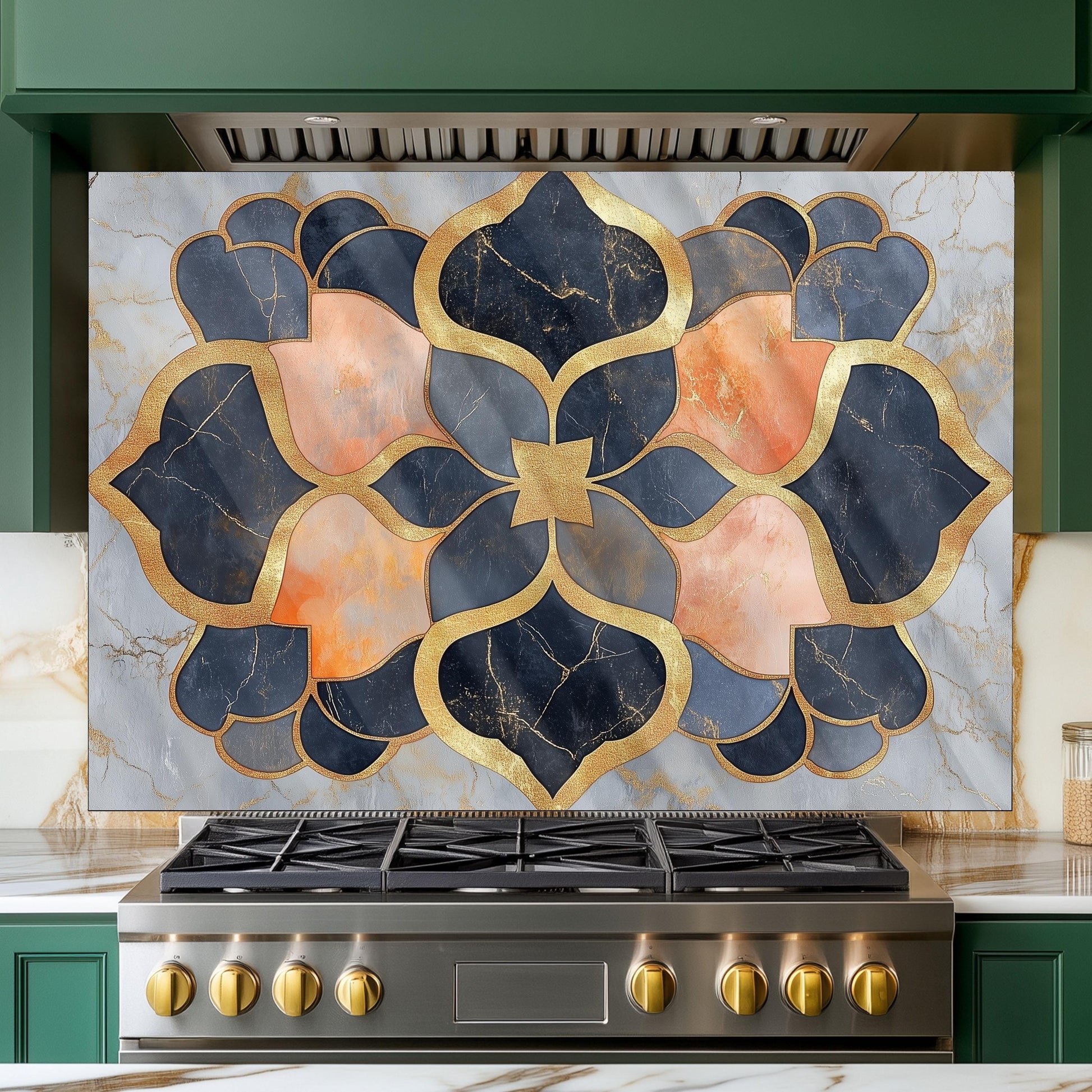 Moroccan Style Glass Backsplash, Blue Geometric Stove Guard, Heat Resistant Easy Clean Kitchen Art