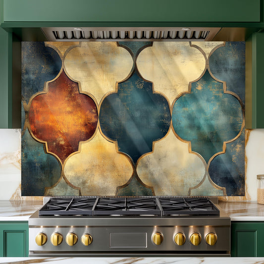 Moroccan Style Glass Backsplash, Blue Geometric Stove Guard, Heat Resistant Easy Clean Kitchen Art