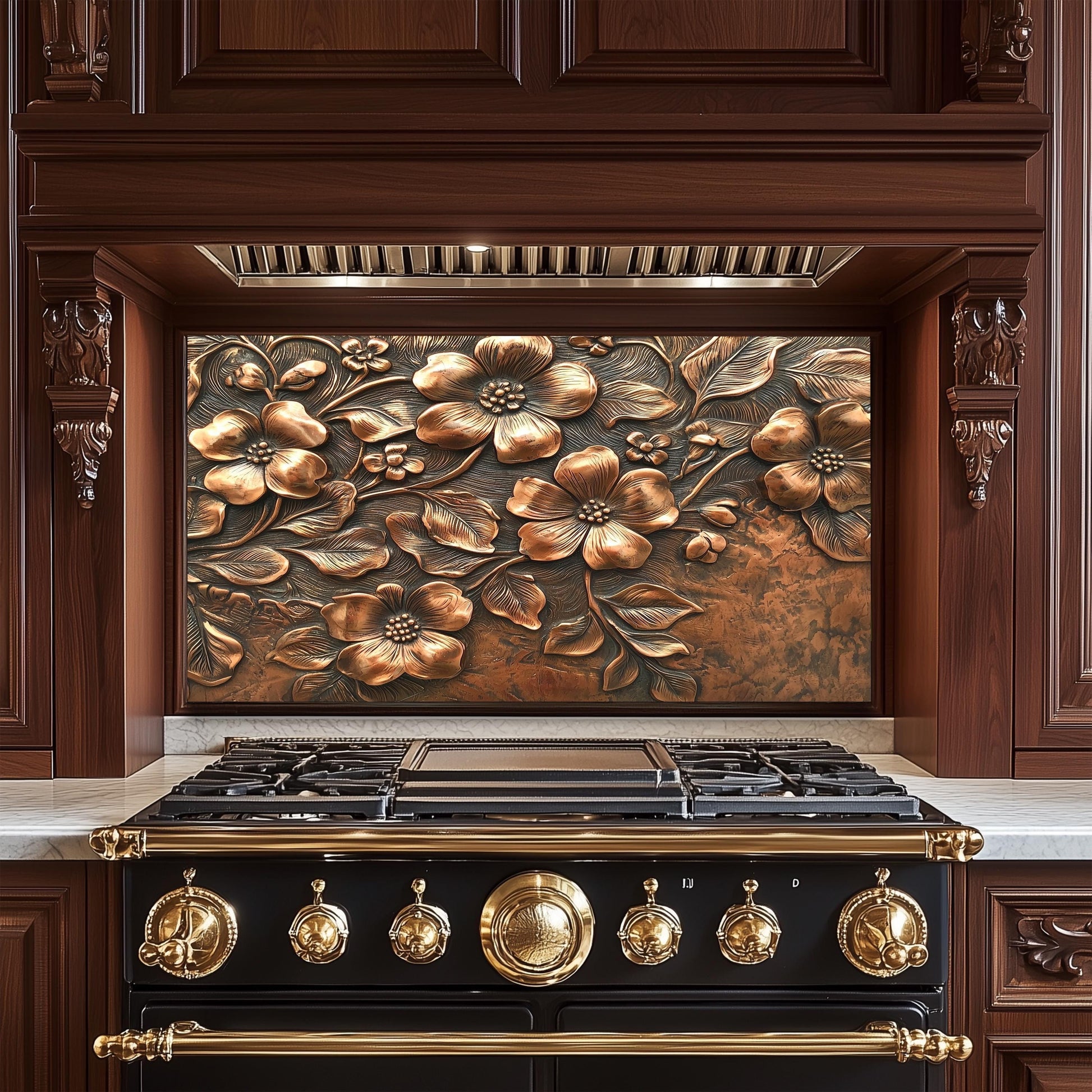 Floral Copper-Effect Tempered Glass Kitchen Backsplash