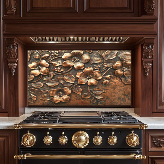 Floral Copper-Effect Tempered Glass Kitchen Backsplash