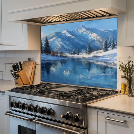Winter Mountain Lake Glass Backsplash, Scenic Nature Stove Guard, Heat Resistant Easy Clean Art