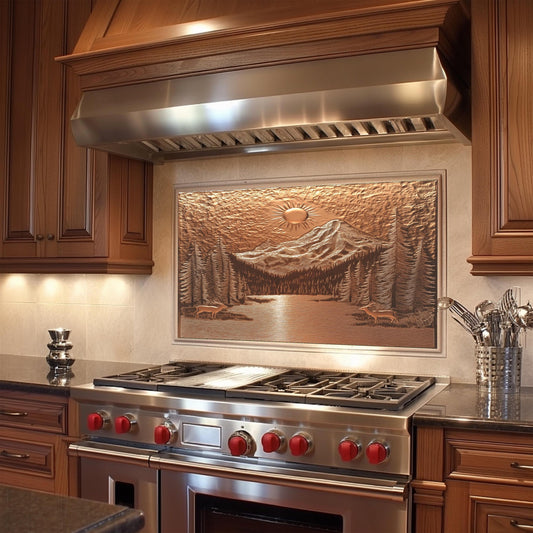 Copper kitchen backsplash, mountain and deer design, heat-resistant tempered glass, easy clean wall protector, rustic kitchen wall decor, stove wall protector, nature kitchen art