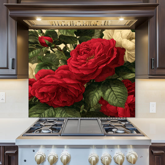 Red Rose Glass Backsplash, Vintage Botanical Stove Guard, Heat Resistant Easy Clean Kitchen Art
