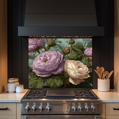 Vintage Pink Roses Kitchen Backsplash: Tempered Glass Floral Wall Panel