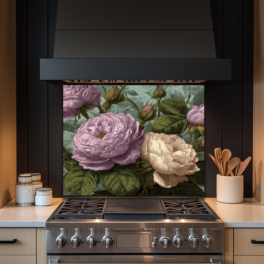 Vintage Pink Roses Kitchen Backsplash: Tempered Glass Floral Wall Panel