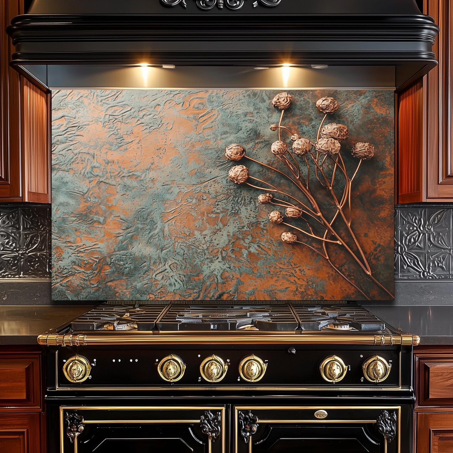 Floral Copper-Effect Tempered Glass Kitchen Backsplash: Rustic Heron Design