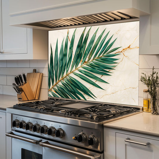 Tropical Palm Leaf Marble Glass Backsplash – Gold Vein Kitchen Wall Panel