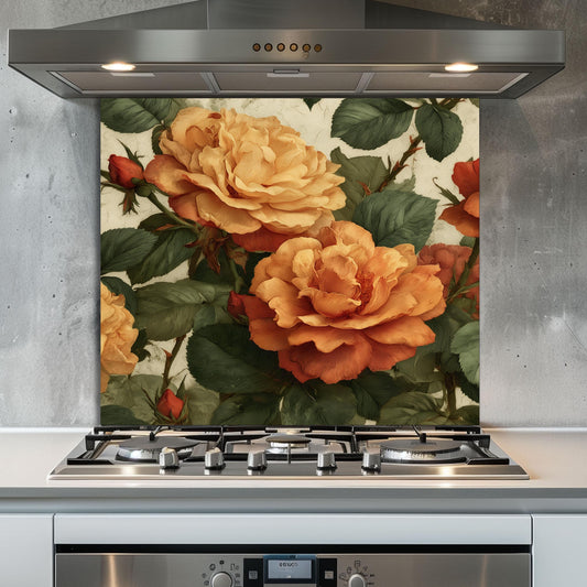 Orange Rose Tempered Glass Backsplash: Vintage Kitchen Decor