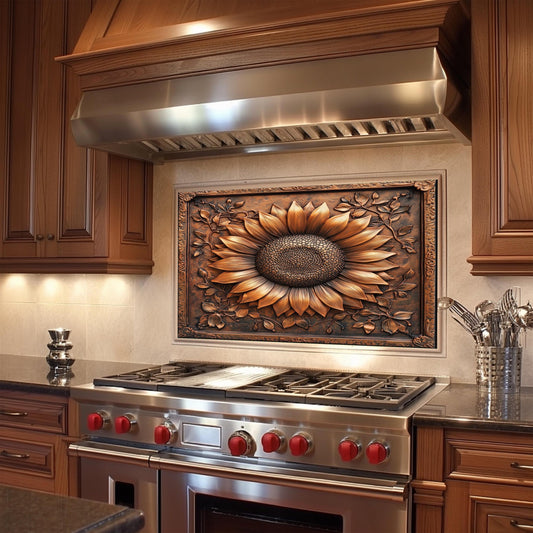 Sunflower backsplash, tempered glass panel, copper kitchen wall art, heat-resistant splashback, easy to clean wall protector, modern kitchen accent, artistic backsplash, stove protector, floral design