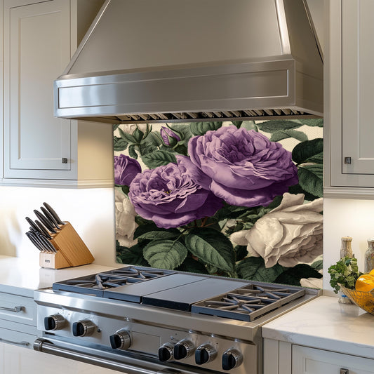 Vintage Purple Roses Glass Kitchen Backsplash - Botanical Floral Wall Art