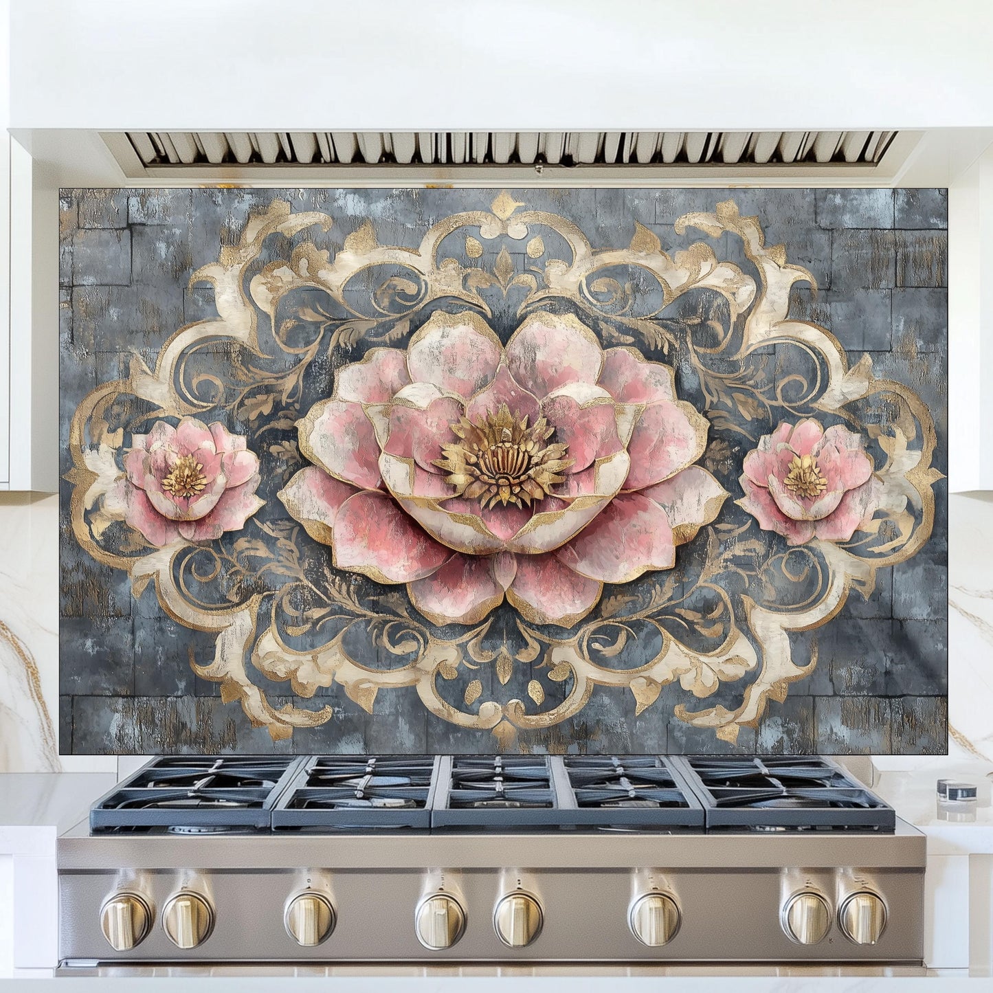 Moroccan Floral Glass Backsplash, Artistic Geometric Stove Guard, Heat Resistant Easy Clean Kitchen Art