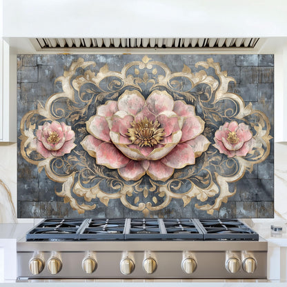 Moroccan Floral Glass Backsplash, Artistic Geometric Stove Guard, Heat Resistant Easy Clean Kitchen Art