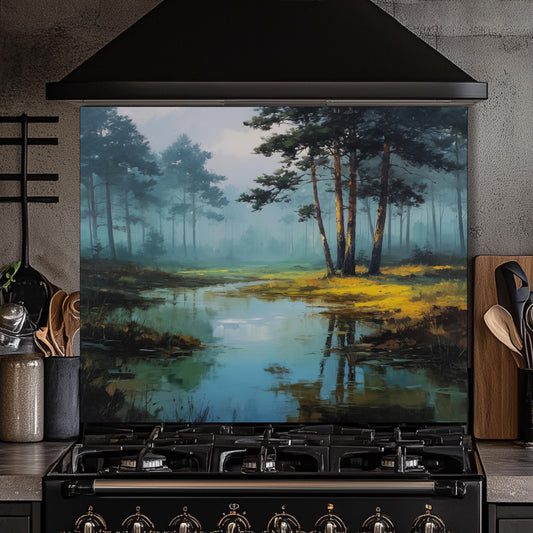 Forest Lake Tempered Glass Backsplash - Misty Woodland Kitchen Splashback