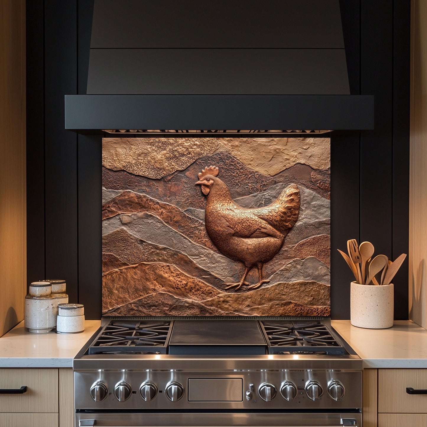 Rustic Chicken Backsplash: Embossed Hen, Tempered Glass Farmhouse Decor