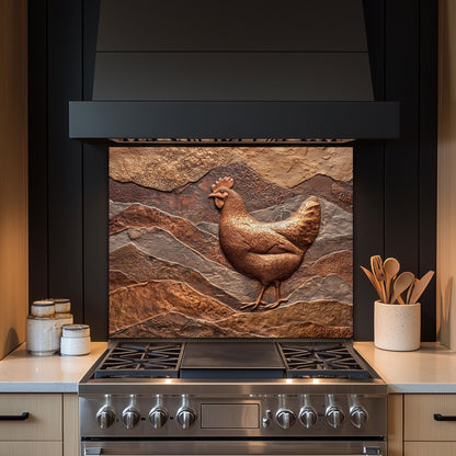 Rustic Chicken Backsplash: Embossed Hen, Tempered Glass Farmhouse Decor