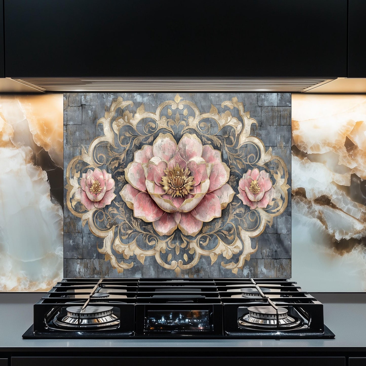 Moroccan Floral Glass Backsplash, Artistic Geometric Stove Guard, Heat Resistant Easy Clean Kitchen Art