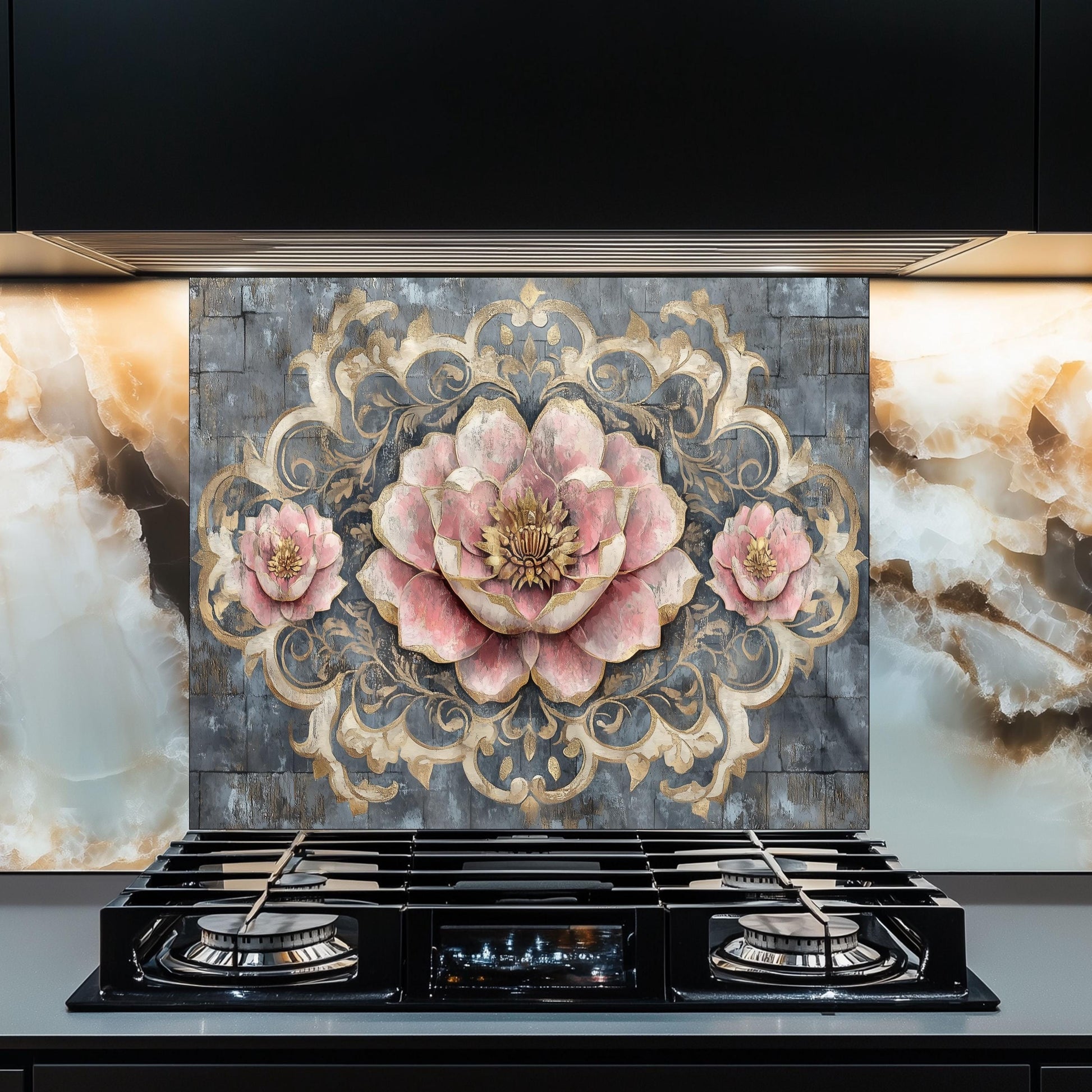 Moroccan Floral Glass Backsplash, Artistic Geometric Stove Guard, Heat Resistant Easy Clean Kitchen Art