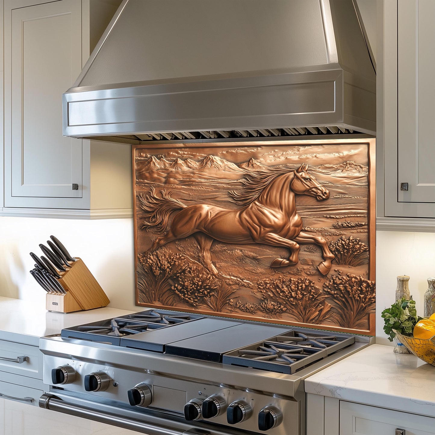 Western horse kitchen art, heat-resistant backsplash, rustic copper effect wall protector, easy clean tempered glass, horse design kitchen backsplash, stove wall protector, nature kitchen art