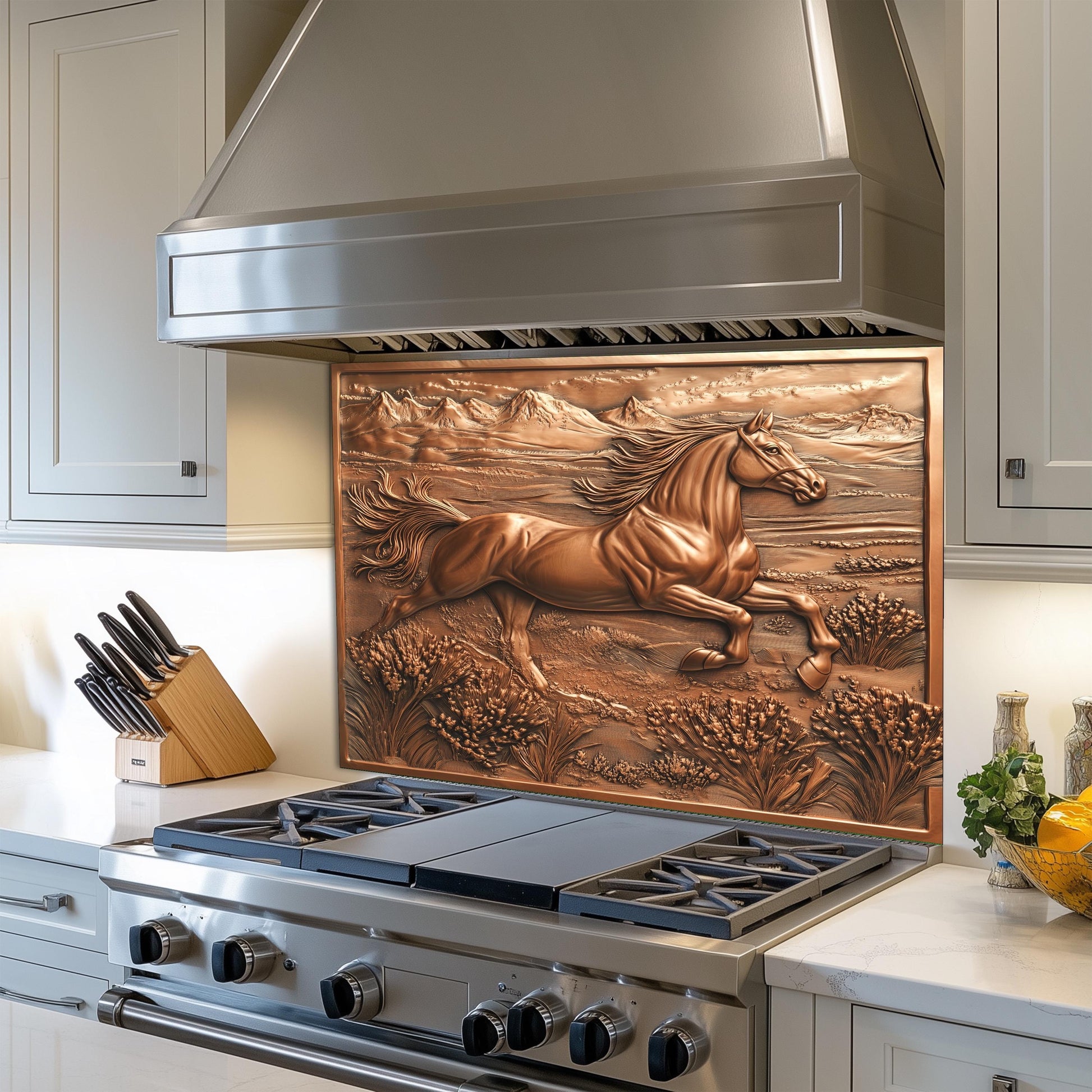 Western horse kitchen art, heat-resistant backsplash, rustic copper effect wall protector, easy clean tempered glass, horse design kitchen backsplash, stove wall protector, nature kitchen art