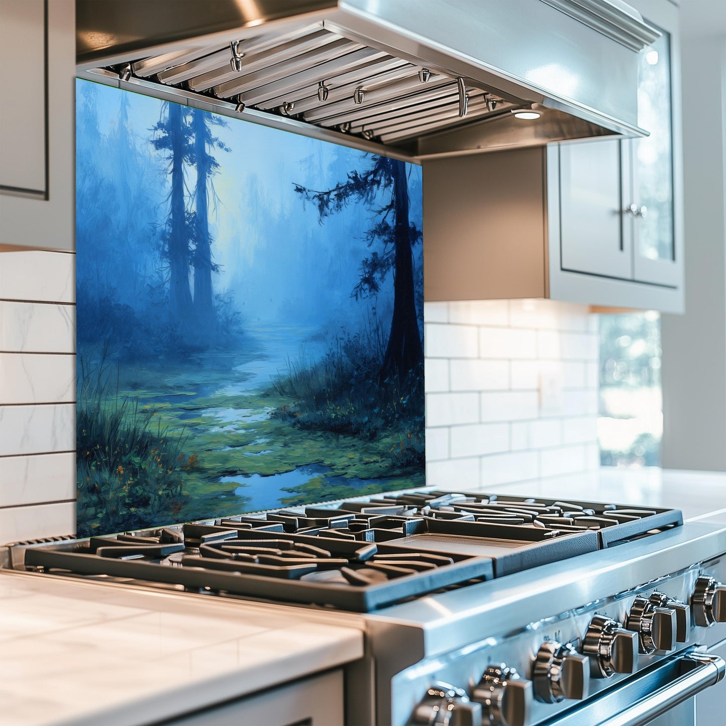 Blue Mist Swamp Glass Backsplash, Tranquil Wetland Stove Guard, Heat Resistant Kitchen Wall Art