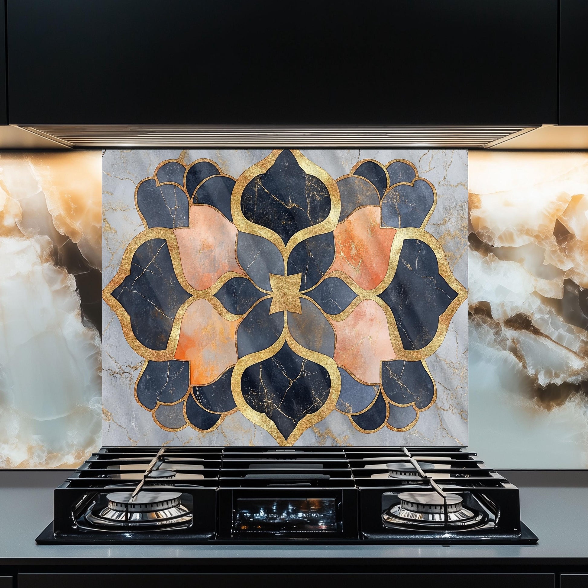 Moroccan Style Glass Backsplash, Blue Geometric Stove Guard, Heat Resistant Easy Clean Kitchen Art
