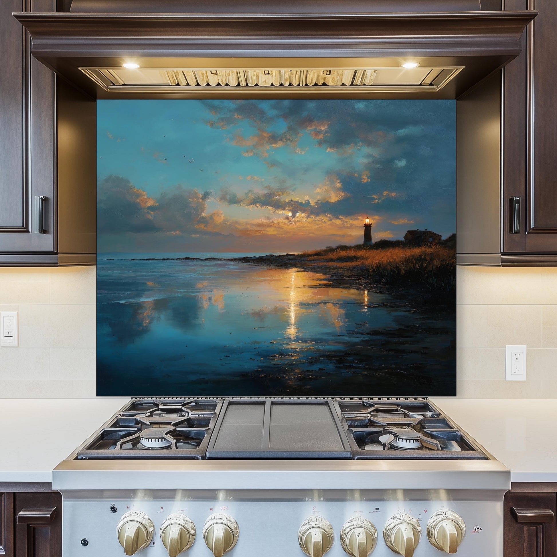 Coastal Lighthouse Glass Backsplash, Ocean Wave Stove Guard, Heat Resistant Easy Clean Kitchen Art